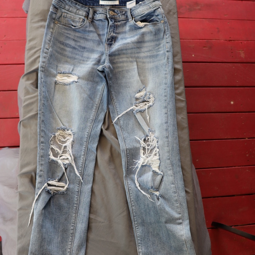 Ladies Eunina Distressed Blue Jeans Frankie Mid Rise Girlfriend Size 7